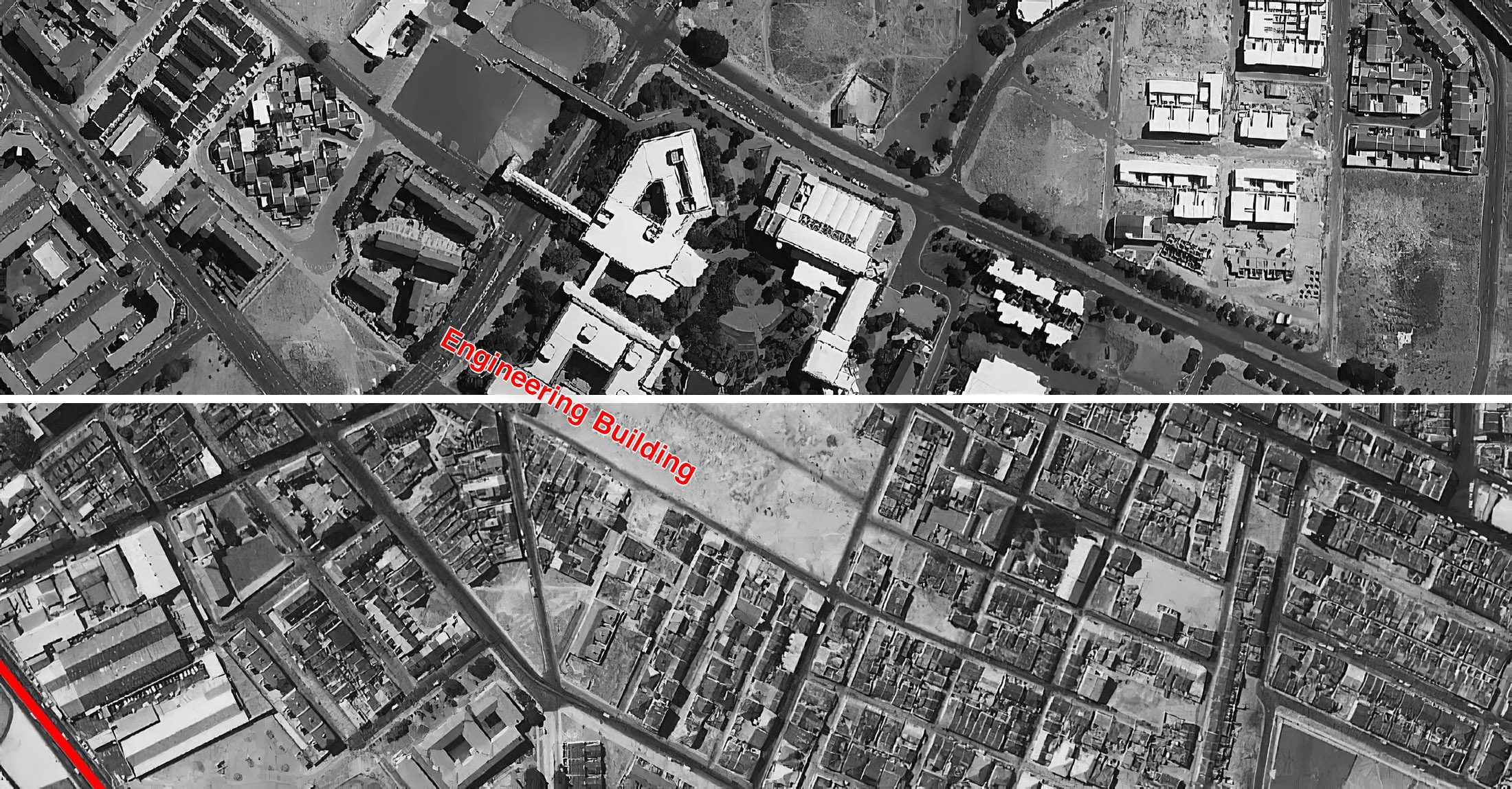 Figure 11. District Six detail, 2011 (top) over District Six map, 1968 (bottom)